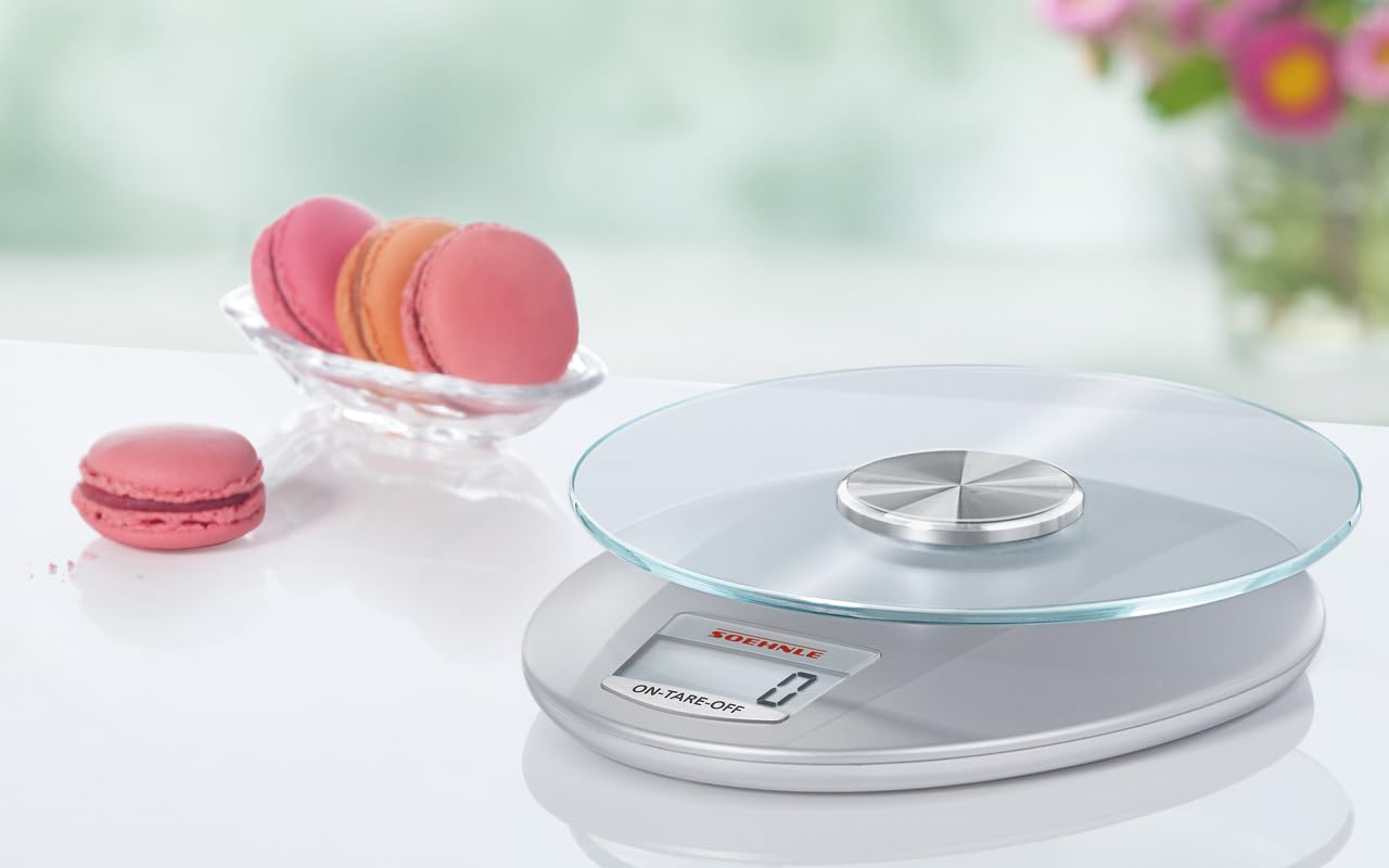 Soehnle Küchenwaage Roma mit 5 kg Tragkraft und 1-g-Wiegepräzision, Küchenwaage digital mit praktischer Zuwiegefunktion (TARA),Waage für die Küche mit LCD-Anzeige und Abschaltautomatik, silber