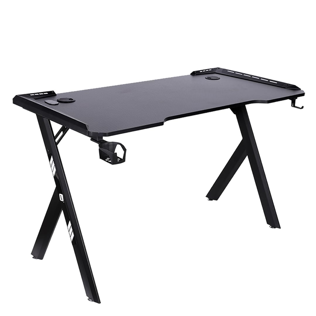 NK Gaming Schreibtisch LED (120X60cm) - Becher- und Flaschenhalter, Kopfhörerhalterung, Kabelmanagement, Gaming-Schreibtisch, Tischplatte 1.5cm (Belastbarkeit) Maximal Unterstütztes Gewicht 100kg