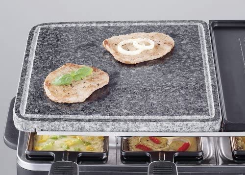 SEVERIN Raclette-Grill mit Naturgrillstein und Grillplatte, Raclette mit antihaftbeschichteter Grillplatte und 8 Pfännchen, Tischgrill für 8 Personen, max. 1300 W, schwarz, RG 2371