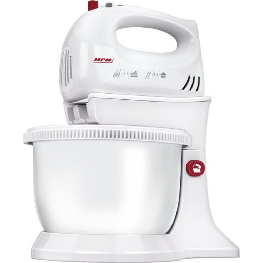 MPM MMR-22Z Teigknetmaschine mit 2 Rotierender Schüssel aus 3 L, BPA frei, Knetmaschine Küchenmaschine, 5 Geschwindigkeiten + Turbo, Stangen und Knethaken Edelstahl, Weiß, 750W
