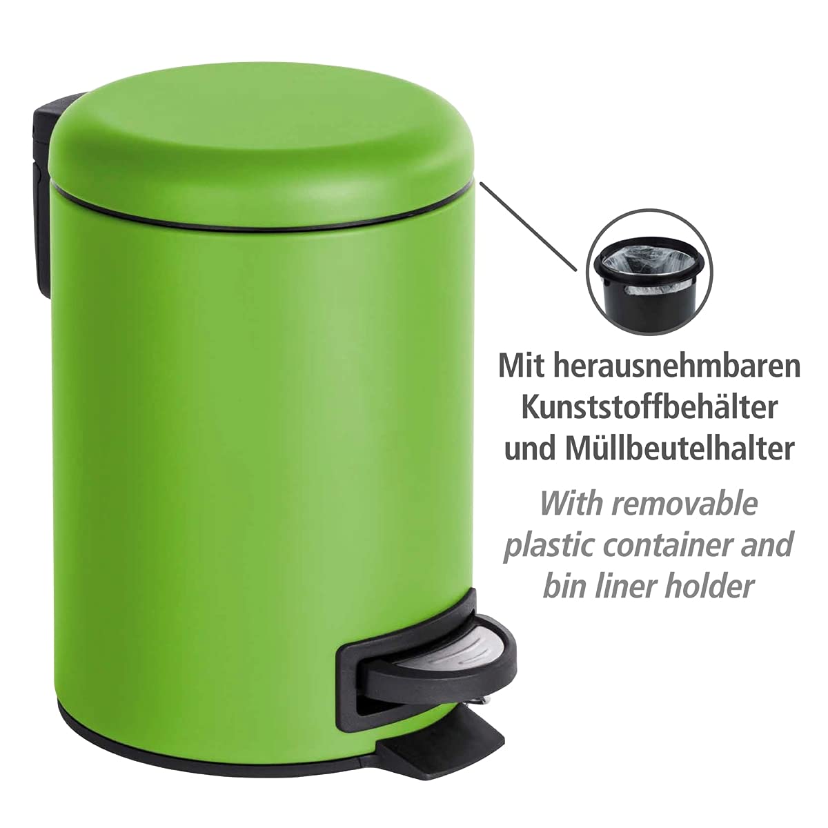 WENKO Treteimer Mod. Leman 3 Liter mit herausnehmbarem Einsatz aus lackiertem Stahl ideal für Badezimmer oder Küche 17 x 25 x 22,5 cm Schwarz matt