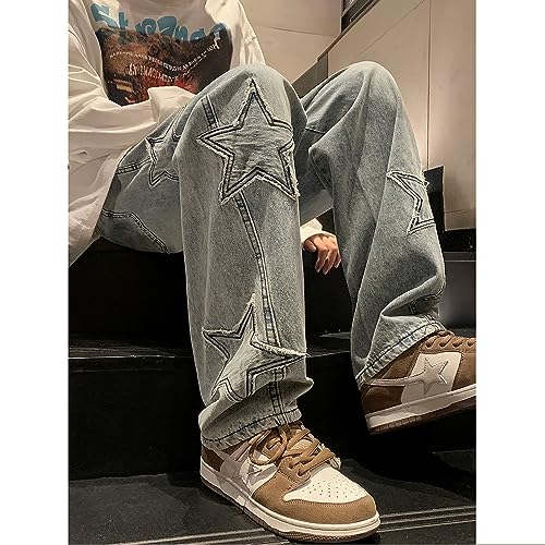 Y2K Vintage Effect Baggy Jeans for Men with Cross Print
