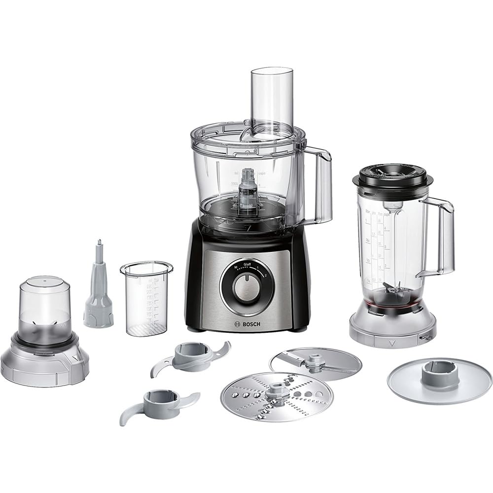 Bosch MultiTalent 3 MCM3501M Compact Food Processor, 50 Functions, Mixing Bowl 2.3 L, Mixer 1.0 L, Utility Knife, Cutting and Rasping (Fine, Coarse), Chopper, Impact Disc, 800 W, Black.