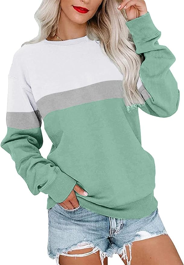 BUHIM Women’s Colorblock Sweatshirt – Casual Crewneck Long Sleeve Pullover