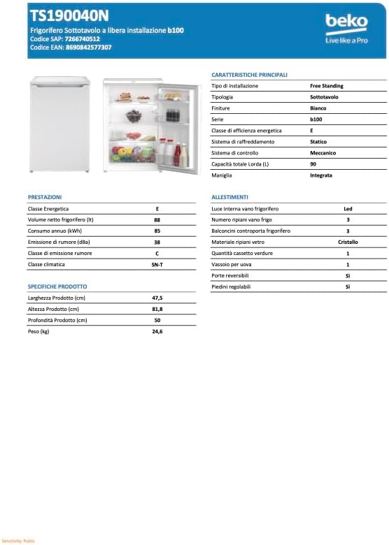 Beko TS190040N freestanding refrigerator, 88 l total capacity, reversible door hinge, good lighting in the device, 38 dB, robust glass shelves, white