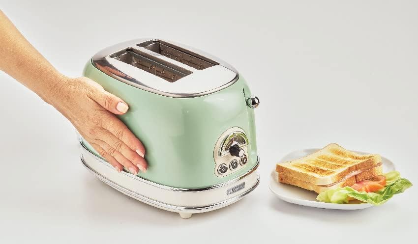 Ariete Vintage 155, 2-Scheiben-Toaster, Retro Toaster mit 6 Toaststufen, Automatischer Auswurf, Auftaufunktion, Herausnehmbares Krümelfach, Gehäuse aus Edelstahl, mit Sandwichzangen, 810W, Vert