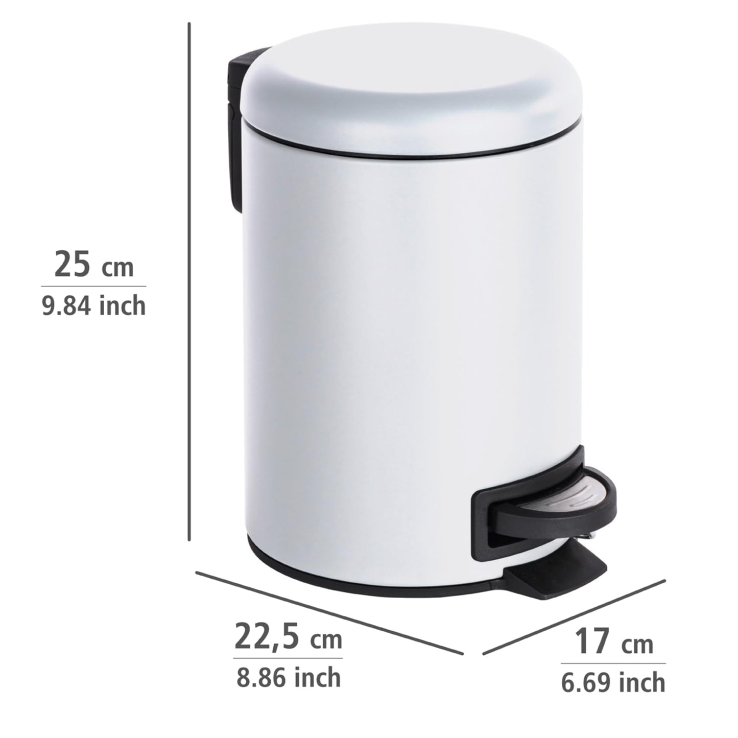 WENKO Treteimer Mod. Leman 3 Liter mit herausnehmbarem Einsatz aus lackiertem Stahl ideal für Badezimmer oder Küche 17 x 25 x 22,5 cm Schwarz matt