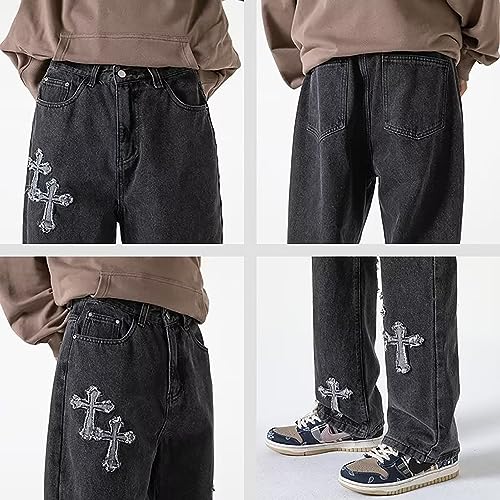Y2K Vintage Effect Baggy Jeans for Men with Cross Print