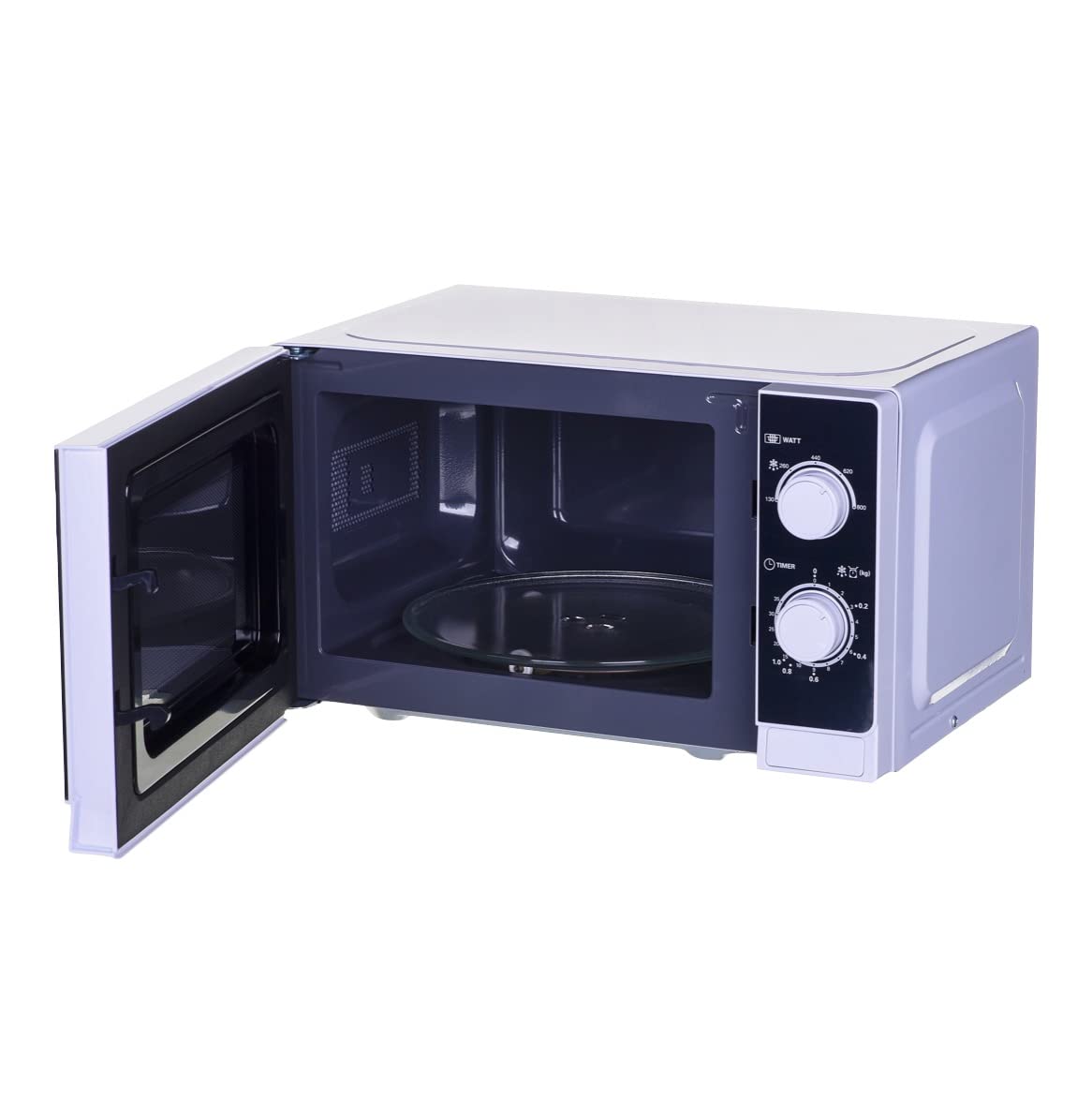 Sharp R200INW Solo-Mikrowelle / 20 L / 800 W / 5 Leistungsstufen / Timer von 35 Minuten bis 00 Sekunden / gewichtgesteuertes Auftauen / Energiesparmodus / Glasdrehteller (25,5 cm) / silber
