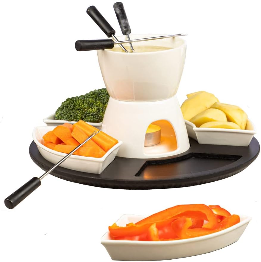 BeBuy24 Fondueset 11 teilig Keramik Porzellan Schokofondue Käsefondue Fondue Set Schoko Käse