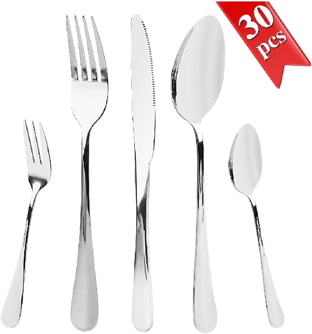 Besteck Set 6 Personen, 30 teilig Cutlery Set inkl. Messer, Gabel, Löffel, Besteckset Spiegelpoliert, Essbesteck Spülmaschinenfest, Edelstahl Besteck für Hause Küche Restaurant