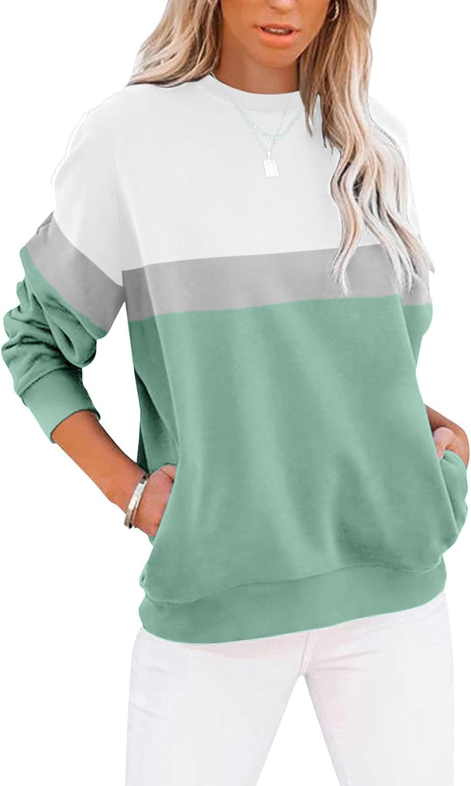 BUHIM Women’s Colorblock Sweatshirt – Casual Crewneck Long Sleeve Pullover