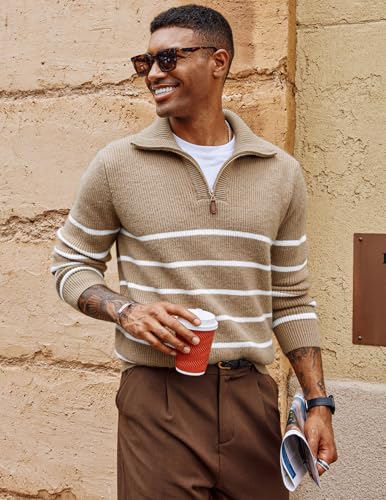 PJ PAUL JONES Men’s Quarter Zip Sweater – Striped Mock Neck Pullover