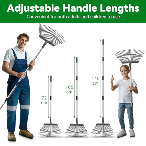 25-Zinken Garten Rechen für Laub, Rasen & Gras, Verstellbarer Langer Stiel Laubrechen, Breiter Metall-Rechenkopf, Ergonomisches Design, Effiziente Reinigung Laubsammler für Garten, Rasen, Moos