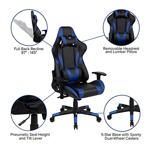 Flash Furniture X30 Gaming-Stuhl, ergonomischer Bürostuhl für PC- und Gaming-Setups, verstellbarer Rennsport-Stuhl mit vollständig verstellbarer Rückenunterstützung, schwarz mit weißer Verzierung