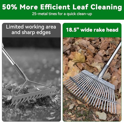 25-Zinken Garten Rechen für Laub, Rasen & Gras, Verstellbarer Langer Stiel Laubrechen, Breiter Metall-Rechenkopf, Ergonomisches Design, Effiziente Reinigung Laubsammler für Garten, Rasen, Moos