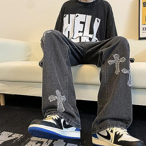 Y2K Vintage Effect Baggy Jeans for Men with Cross Print