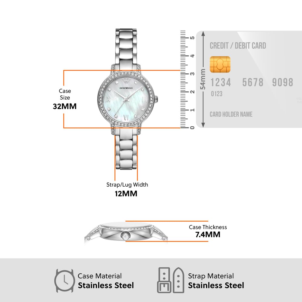 Emporio Armani Damenuhr, Dreizeiger Quarzwerk und 32mm Gehäusegröße mit Edelstahl-, Leder- oder Silikonarmband
