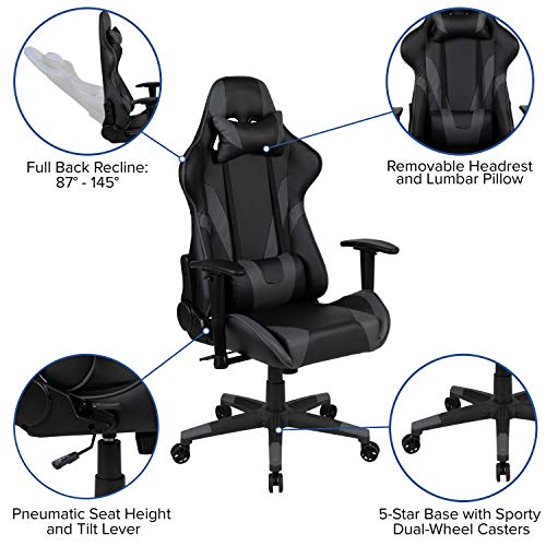Flash Furniture X30 Gaming-Stuhl, ergonomischer Bürostuhl für PC- und Gaming-Setups, verstellbarer Rennsport-Stuhl mit vollständig verstellbarer Rückenunterstützung, schwarz mit weißer Verzierung