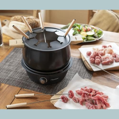 Bestron elektrische Fondue Set für bis zu 8 Personen, mit 8x Fonduegabeln & stufenlosen Thermostat, inkl. Spritzschutz, Farbe: Kupfer