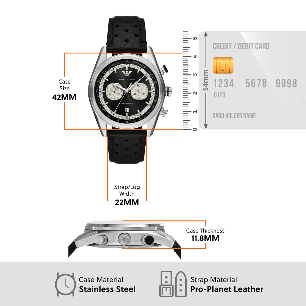 Emporio Armani Uhr für Männer, 2 Unterzifferblätter Chronographenwerk und 43mm Gehäusegröße mit Edelstahl-, Leder- oder Silikonarmband