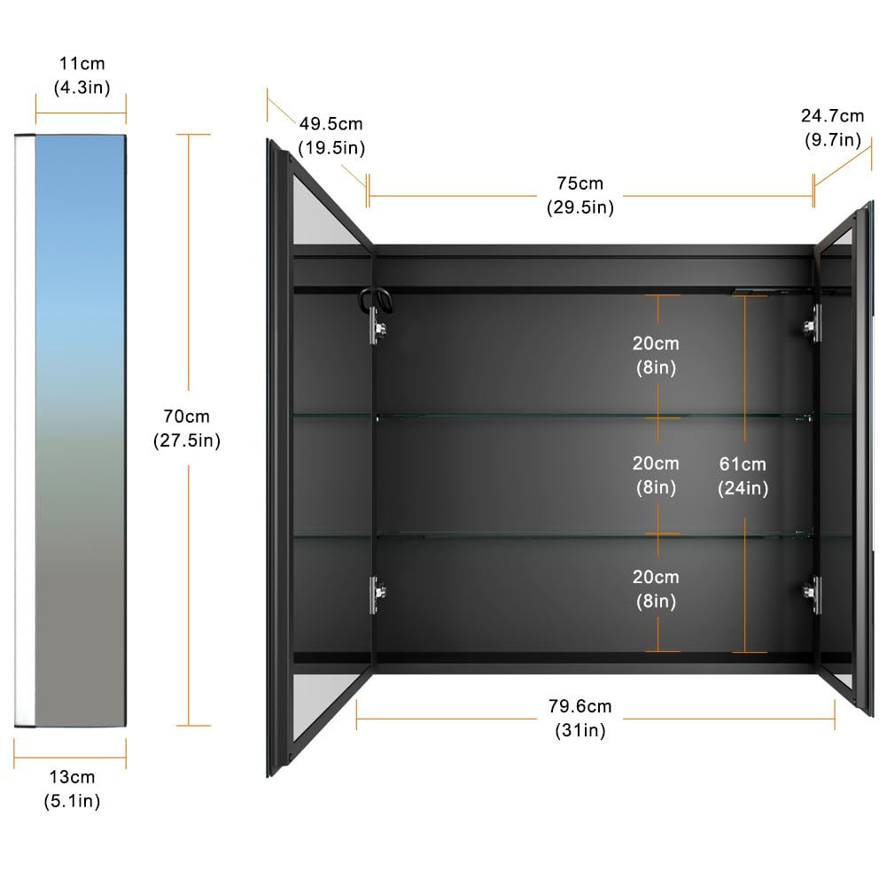 KWW LED Beleuchtetes Badezimmer Medizin Kabinett mit Spiegel, Farbtemperatur Einstellbar, Anti-Nebel Dimmbare Lichter, Steckdosen für USBs (80 x 70 cm)