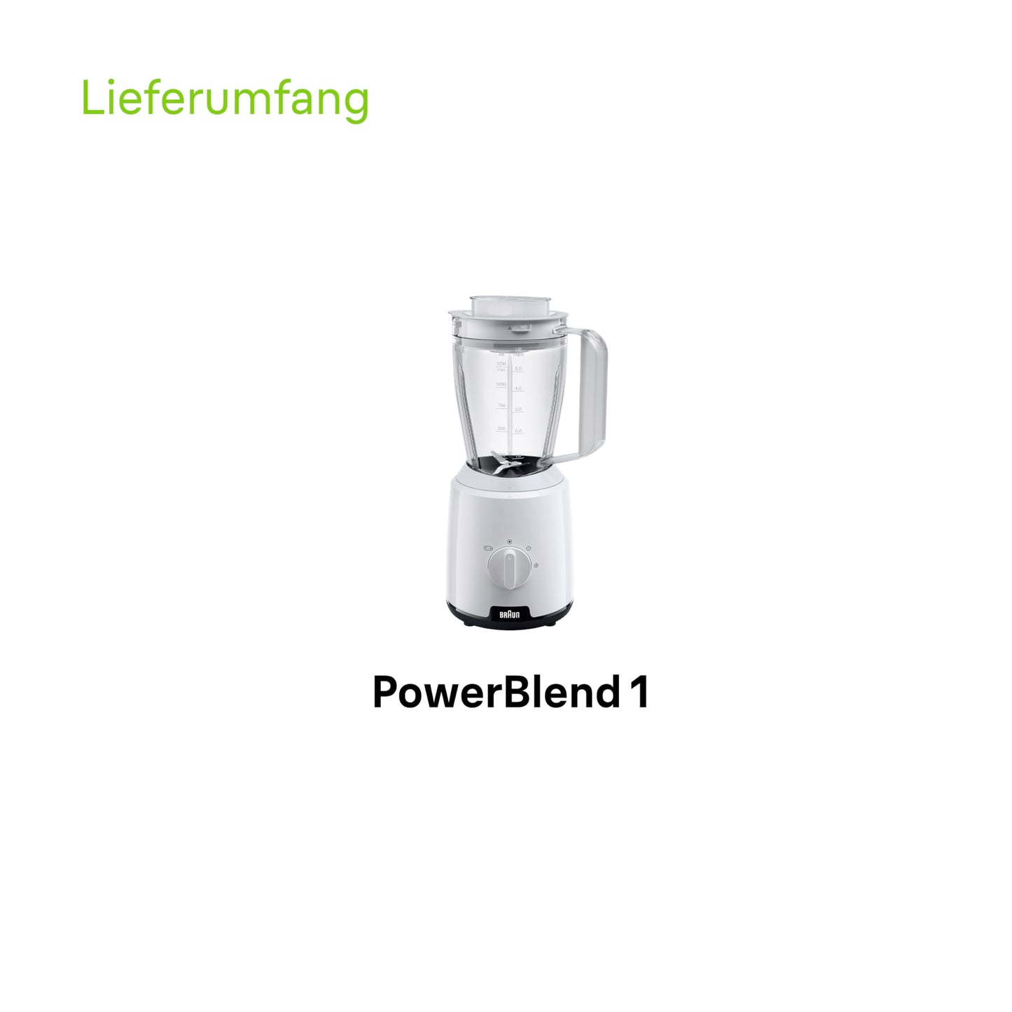 Braun PowerBlend 1 Standmixer mit 1,5 l Glas-Mixaufsatz, Küchenhelfer zum Zerkleinern, Pürieren & Mixen, Ice-Crush-Funktion, 2 Geschwindigkeiten, 600 Watt, Weiß