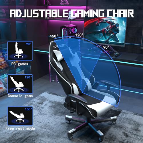JUMMICO Massage Gaming Chair, Office Chair Ergonomic with Lumbar Support, Computer Chairs Racing Office Chairs Armchair, Height Adjustable Deck Chair Desk Chair 150kg Load Capacity, White