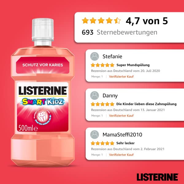 LISTERINE Smart Kidz Mild Berry (500 ml), antibakterielle Kinder Mundspülung ohne Alkohol & ohne Zucker, Mundwasser schützt vor Karies, geeignet für Kinder ab 6 Jahren