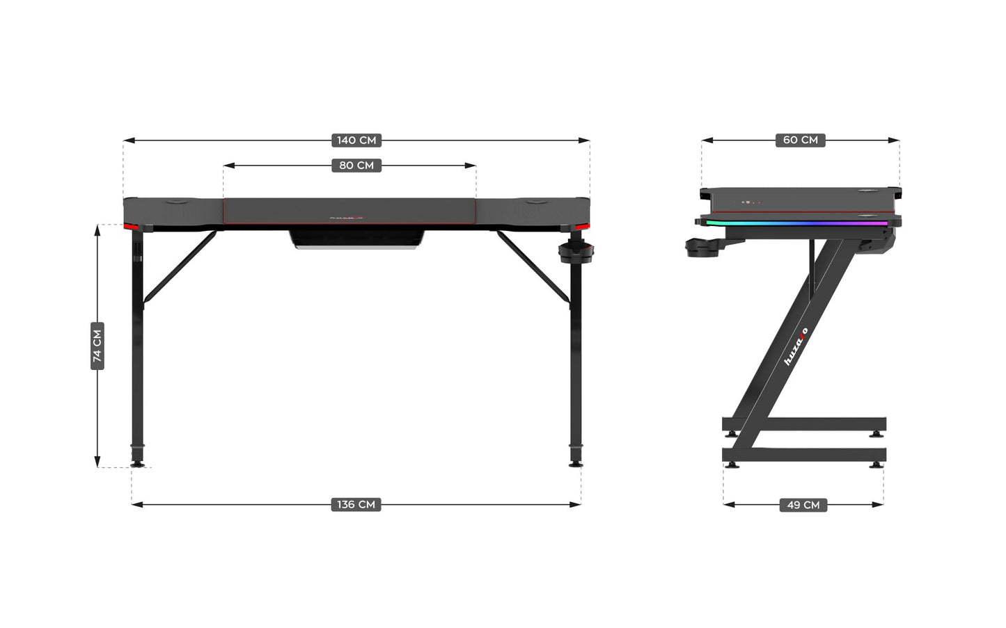 huzaro Hero 4.8 RGB | LED Gaming PC Tisch XXL Schreibtisch | Inklusive Mauspad | Kopfhörerhaken Getränkehalter | Kabelorganisator | Carbon Tischplatte | Stabiler Computertisch | 160x60cm | Schwarz