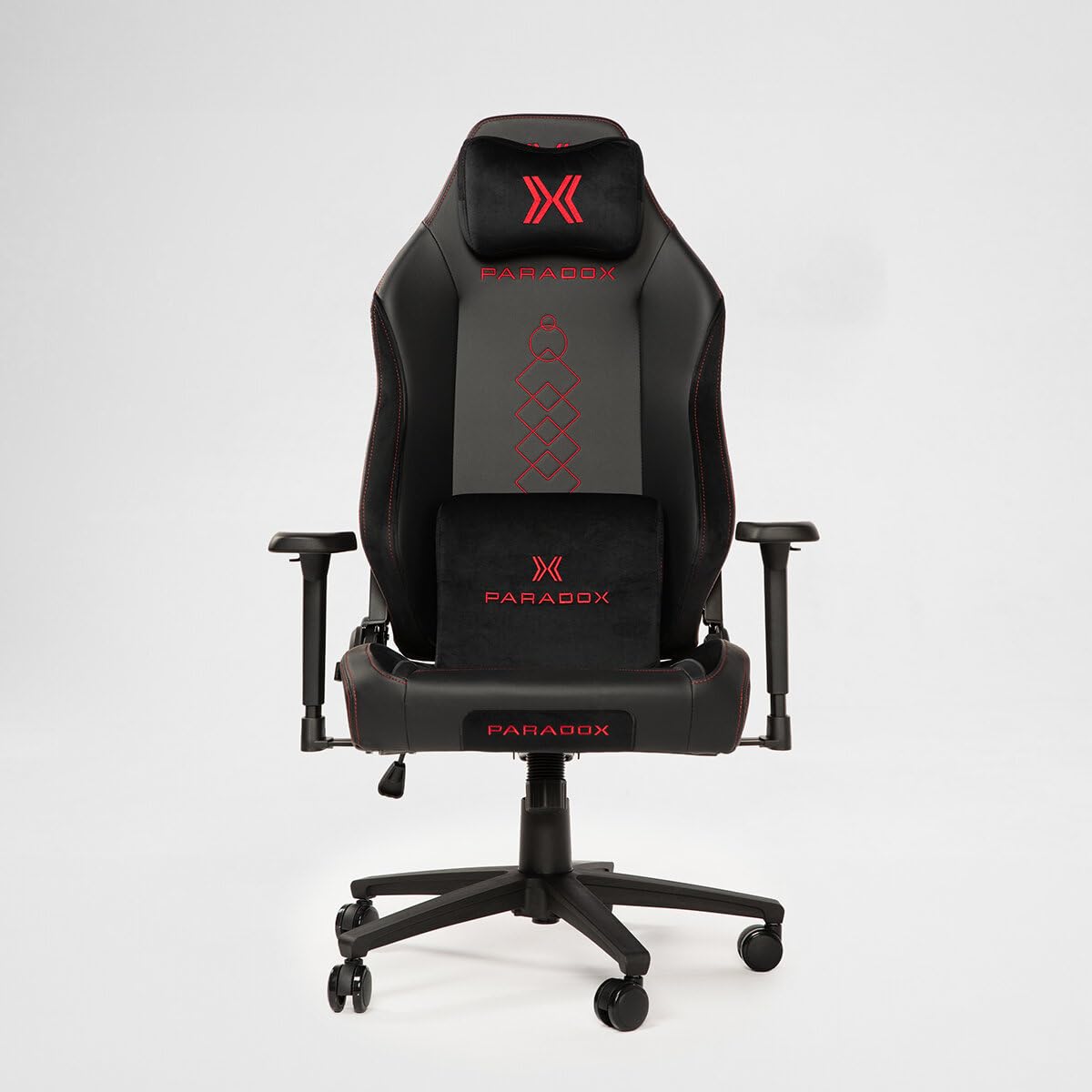 PARADOX - Gaming Stuhl - Schreibtischstuhl Ergonomisch - Verstellbare Armlehnen und Rückenlehne, Liegefunktion, Kissen, 125 kg Belastbar - Vanguard Crimson Arovs, Schwarz, Rot, Pfeil-Muster