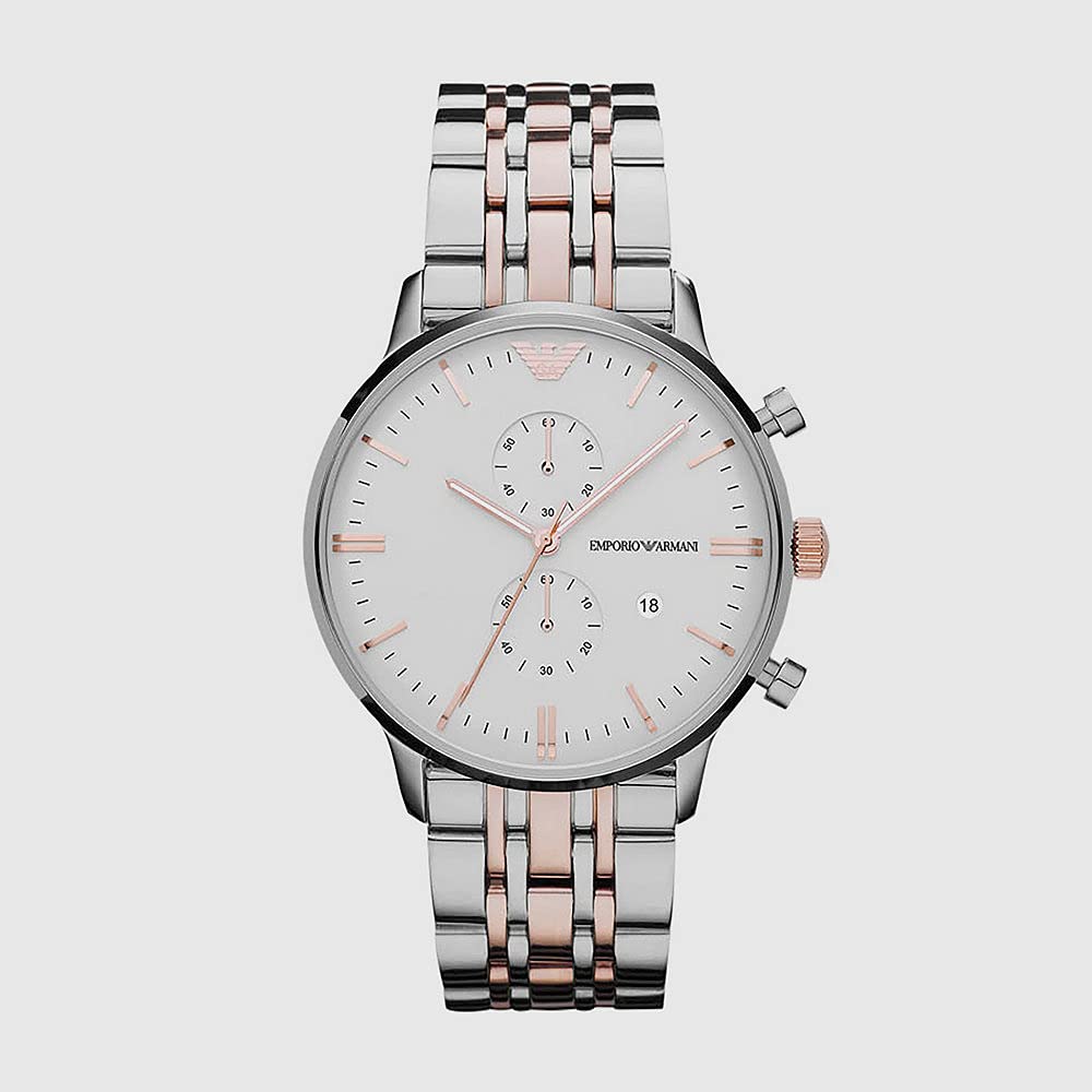 Emporio Armani Uhr für Männer, 2 Unterzifferblätter Chronographenwerk und 43mm Gehäusegröße mit Edelstahl-, Leder- oder Silikonarmband