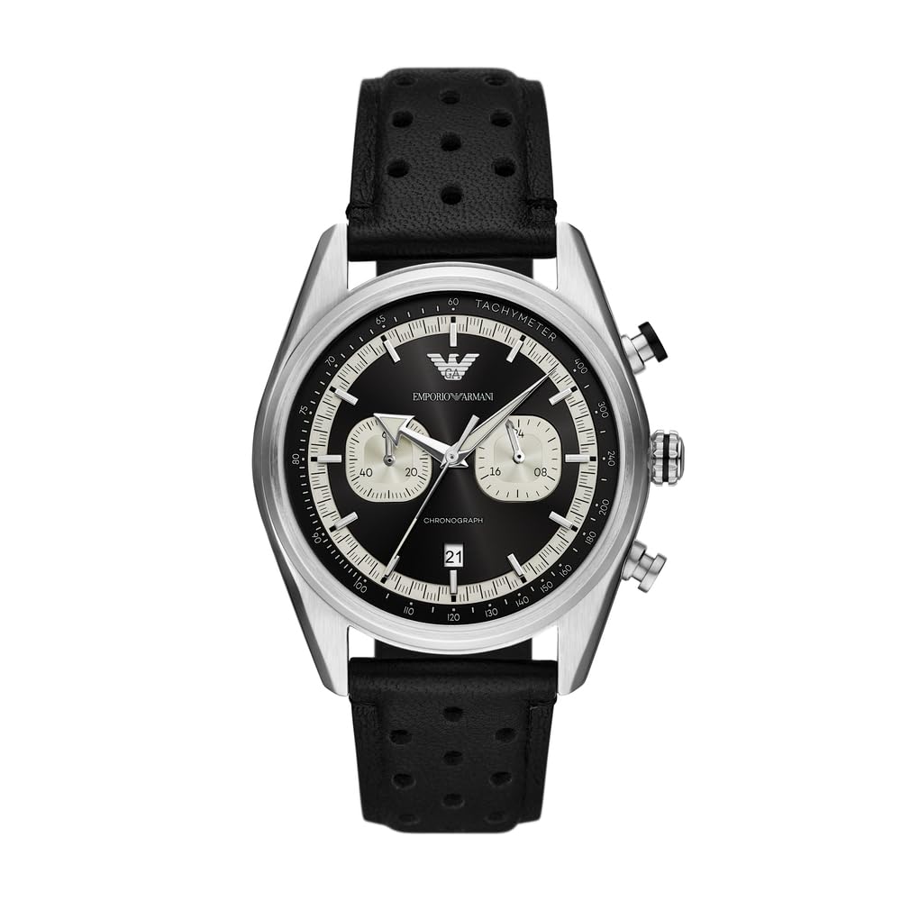 Emporio Armani Uhr für Männer, 2 Unterzifferblätter Chronographenwerk und 43mm Gehäusegröße mit Edelstahl-, Leder- oder Silikonarmband