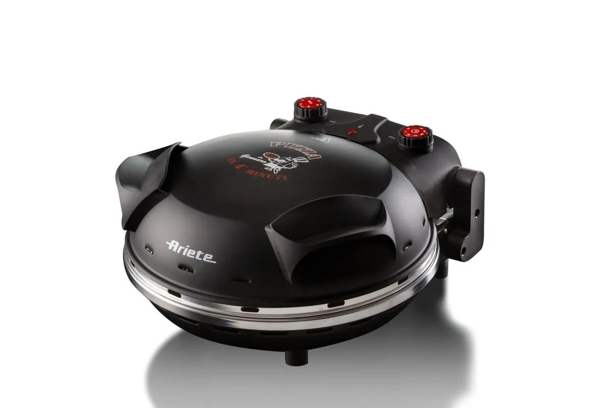 Ariete Pizzaofen 919, 4-Minuten-Pizza, Pizzaofen mit 5 Garstufen, Feuerfeste Platte zum Wiederaufwärmen, Holzbrettchen im Lieferumfang Enthalten, Max. Temperatur 400°C, 1200W, Rot