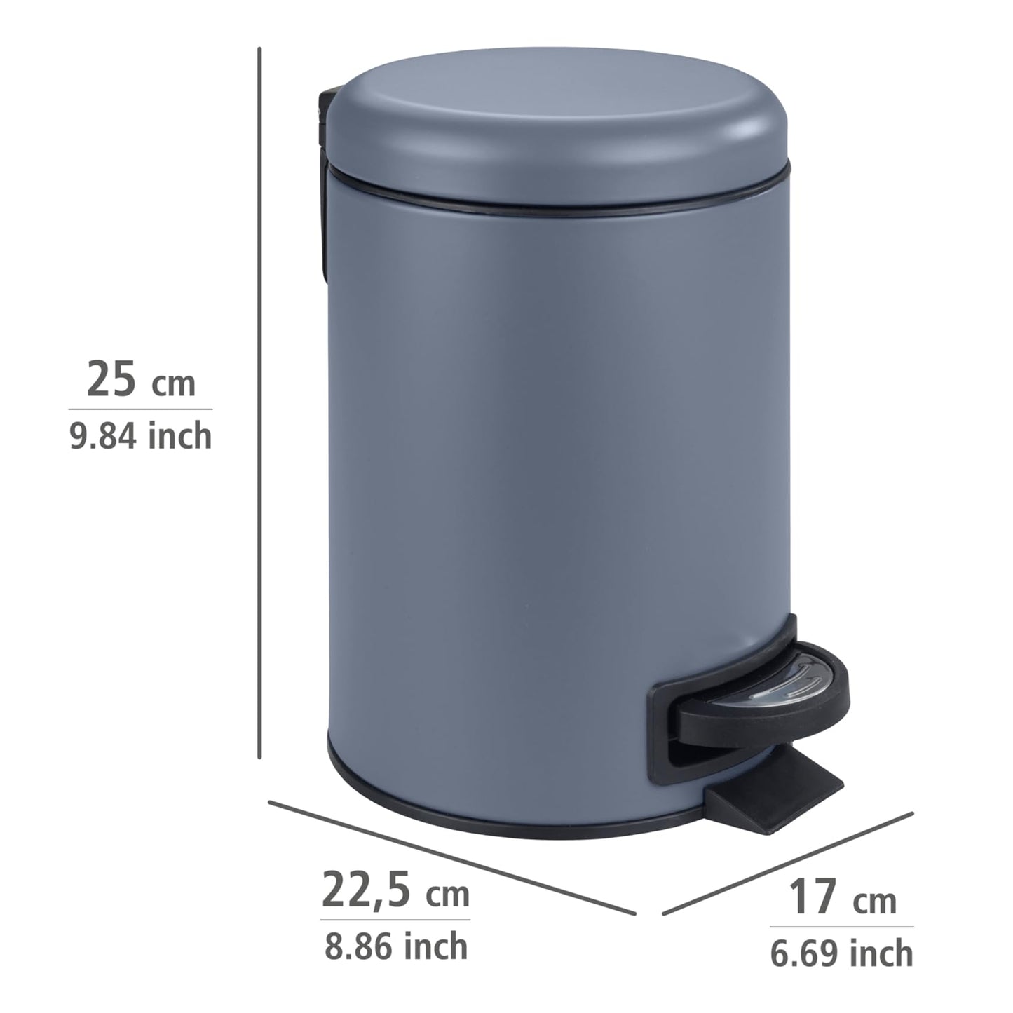 WENKO Treteimer Mod. Leman 3 Liter mit herausnehmbarem Einsatz aus lackiertem Stahl ideal für Badezimmer oder Küche 17 x 25 x 22,5 cm Schwarz matt