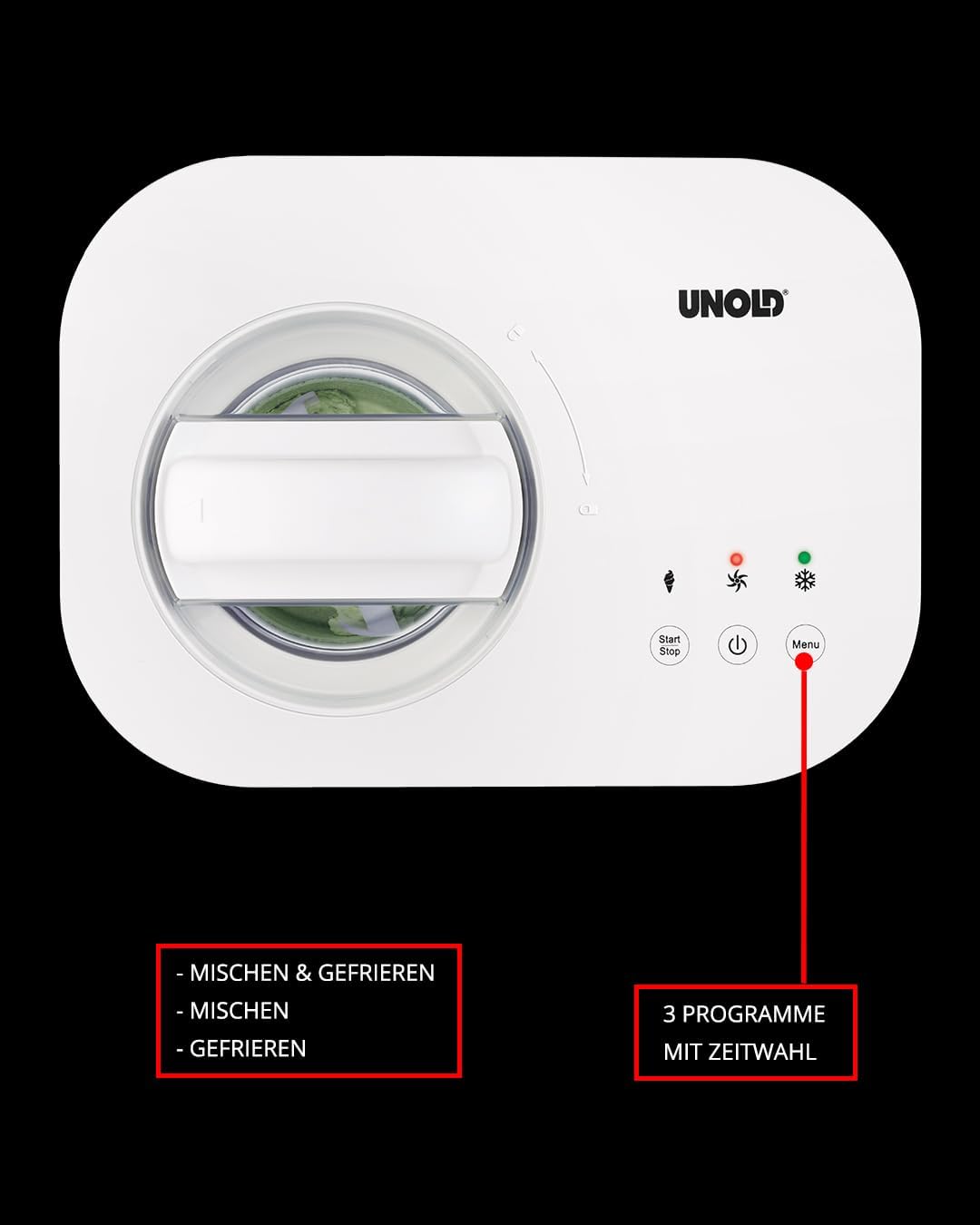 UNOLD 48820 EISMASCHINE Snow - selbstkühlender Kompressor, 100 W, entnehmbarer Eisbehälter, auch für vegane, laktosefreie und steviahaltige Eiskreationen
