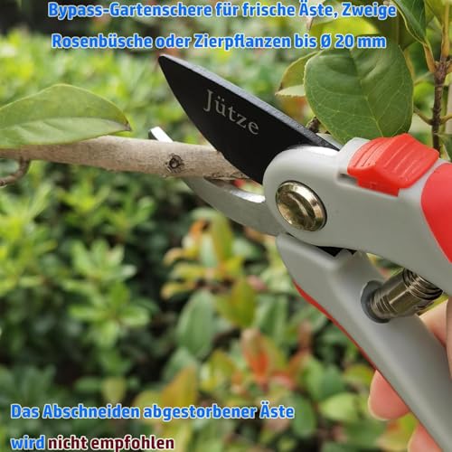 Jütze® Gartenschere für Sträucher und Blumen mit Rutschfester Griff & Edelstahl-Klinge, Leicht & Ergonomisch Rosenschere, Sicher mit Klingensperre, Beidhändig bedienbar, Länge 19cm
