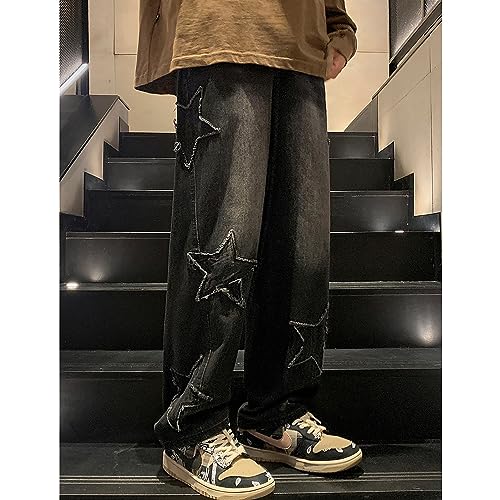 Y2K Vintage Effect Baggy Jeans for Men with Cross Print