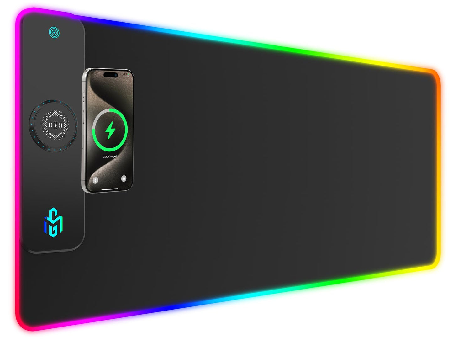 RGB Gaming Mauspad 15W Qi Mousepad LED, 10 Beleuchtungsmodi mit 15W Schnellladung Qi Kabelloses Laden für I-Phone Handy, Kopfhörer, Wasserdicht, rutschfest für Gaming, Schreibtische, PC und Büro