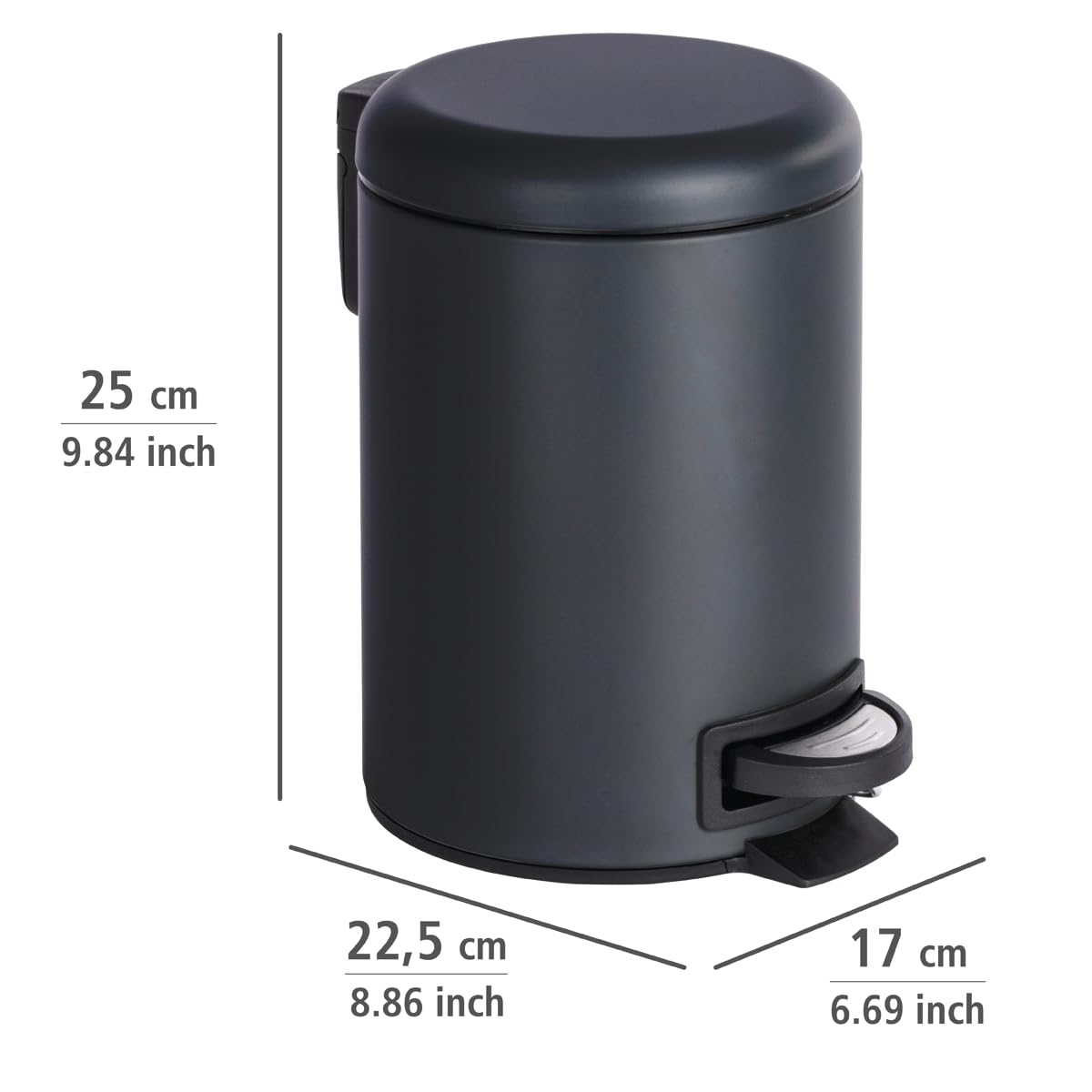 WENKO Treteimer Mod. Leman 3 Liter mit herausnehmbarem Einsatz aus lackiertem Stahl ideal für Badezimmer oder Küche 17 x 25 x 22,5 cm Schwarz matt