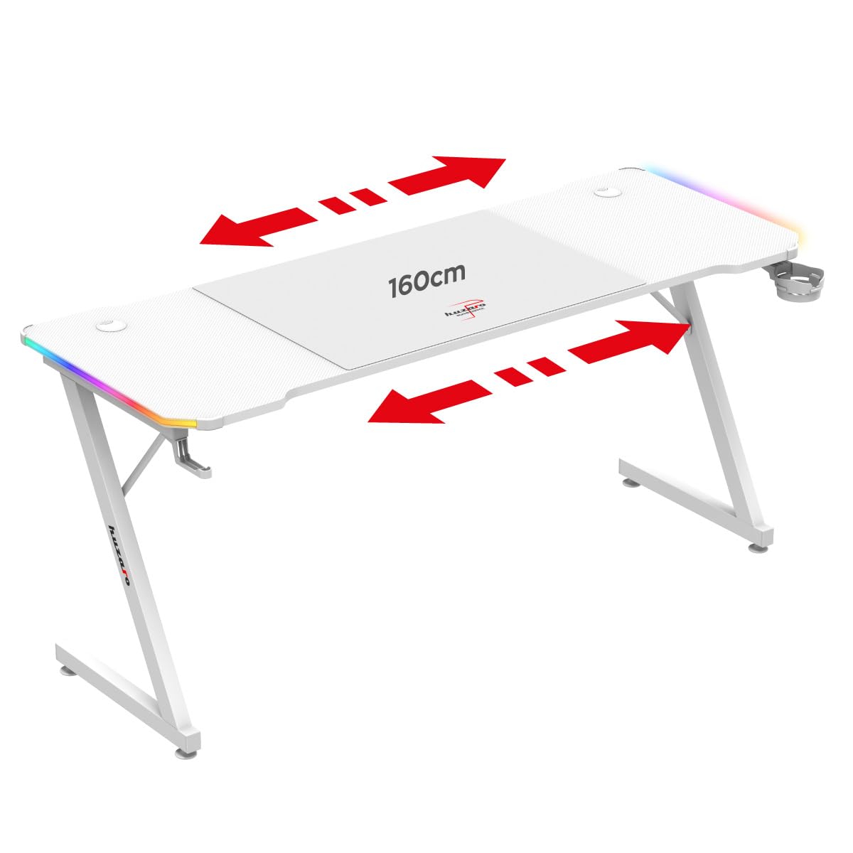 huzaro Hero 4.8 RGB | LED Gaming PC Tisch XXL Schreibtisch | Inklusive Mauspad | Kopfhörerhaken Getränkehalter | Kabelorganisator | Carbon Tischplatte | Stabiler Computertisch | 160x60cm | Schwarz