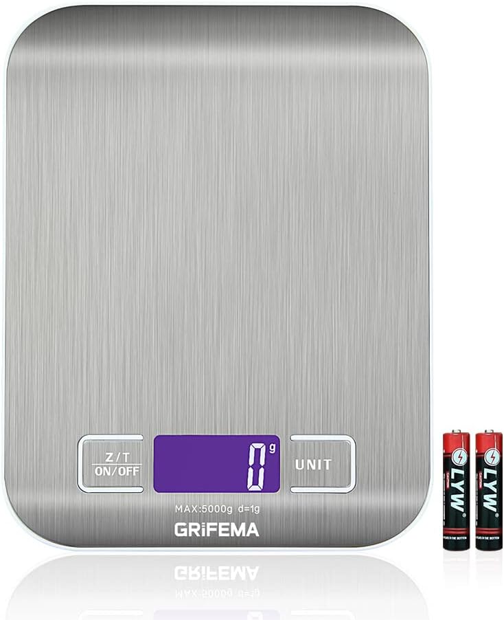 GRIFEMA Küchenwaage Edelstahl, Hochpräzise 1g-5000g Digitalwaage mit LCD Display, Tara-Funktion, 6 Maßeinheiten, Batterien inklusive, Blau