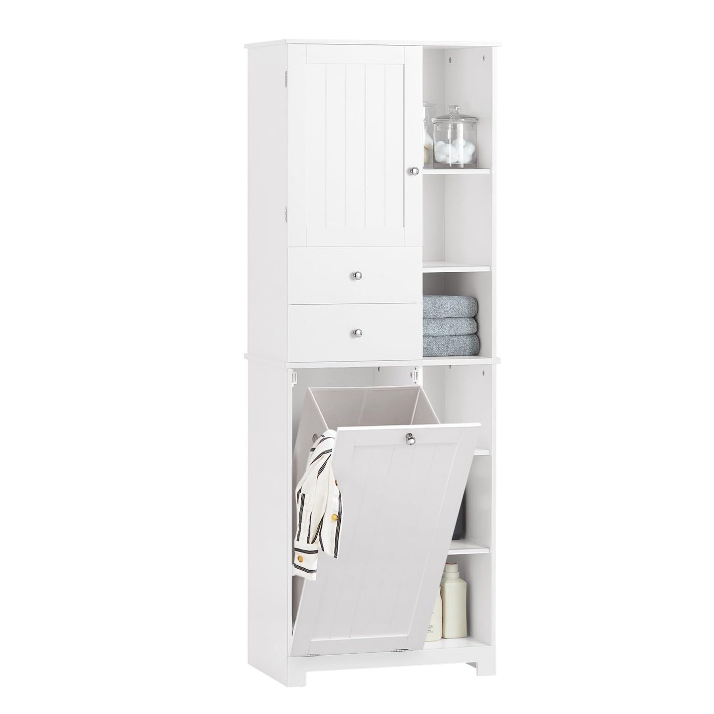 SoBuy Badezimmerschrank mit Wäschekorb Schmaler Badschrank Hoch Badregal Stehend mit 6 Ablagen und 2 Schubladen Wäscheschrank Schmal für Badezimmer Nische Weiß 60x37x171 cm BZR104-W