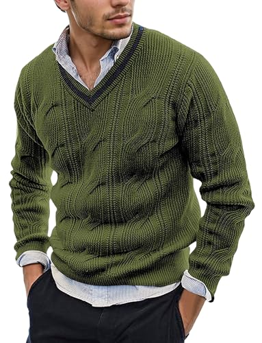 AIEOE Men’s V-Neck Cable Knit Sweater – Long Sleeve Casual Pullover