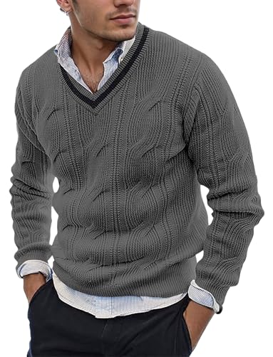 AIEOE Men’s V-Neck Cable Knit Sweater – Long Sleeve Casual Pullover