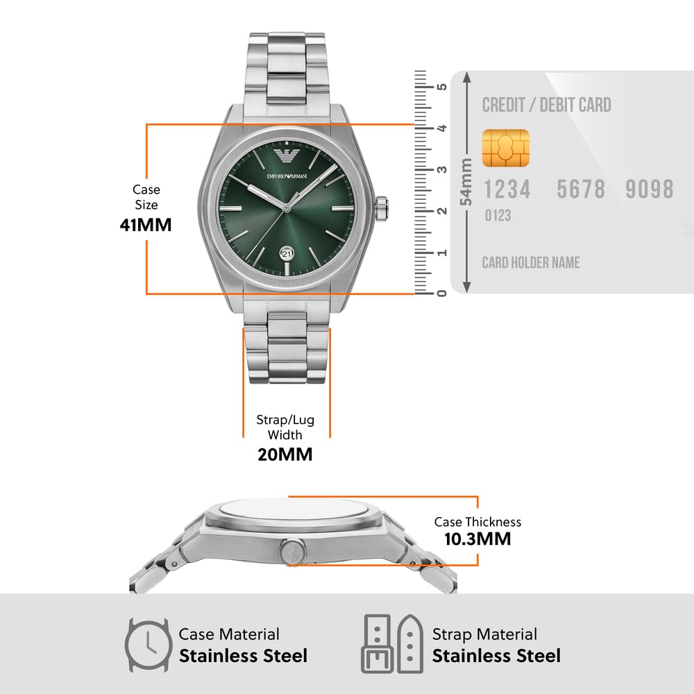 Emporio Armani Uhr für Herren, Quarzwerk und 42mm Gehäusegröße mit Edelstahl-, Leder- oder Silikonarmband