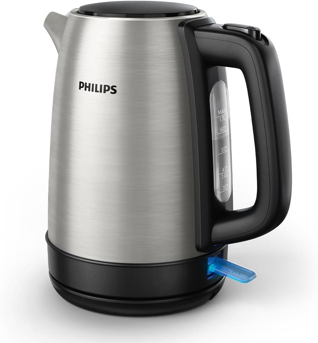 Philips Daily Collection Metall Wasserkocher – 1,7L, Leuchtanzeige, 360°-Basis, Mikro-Sieb-Filter, Flaches Heizelement, Sprungdeckel, Energiesparend, Sicheres Design, Schnelles Aufkochen (HD9350/90)