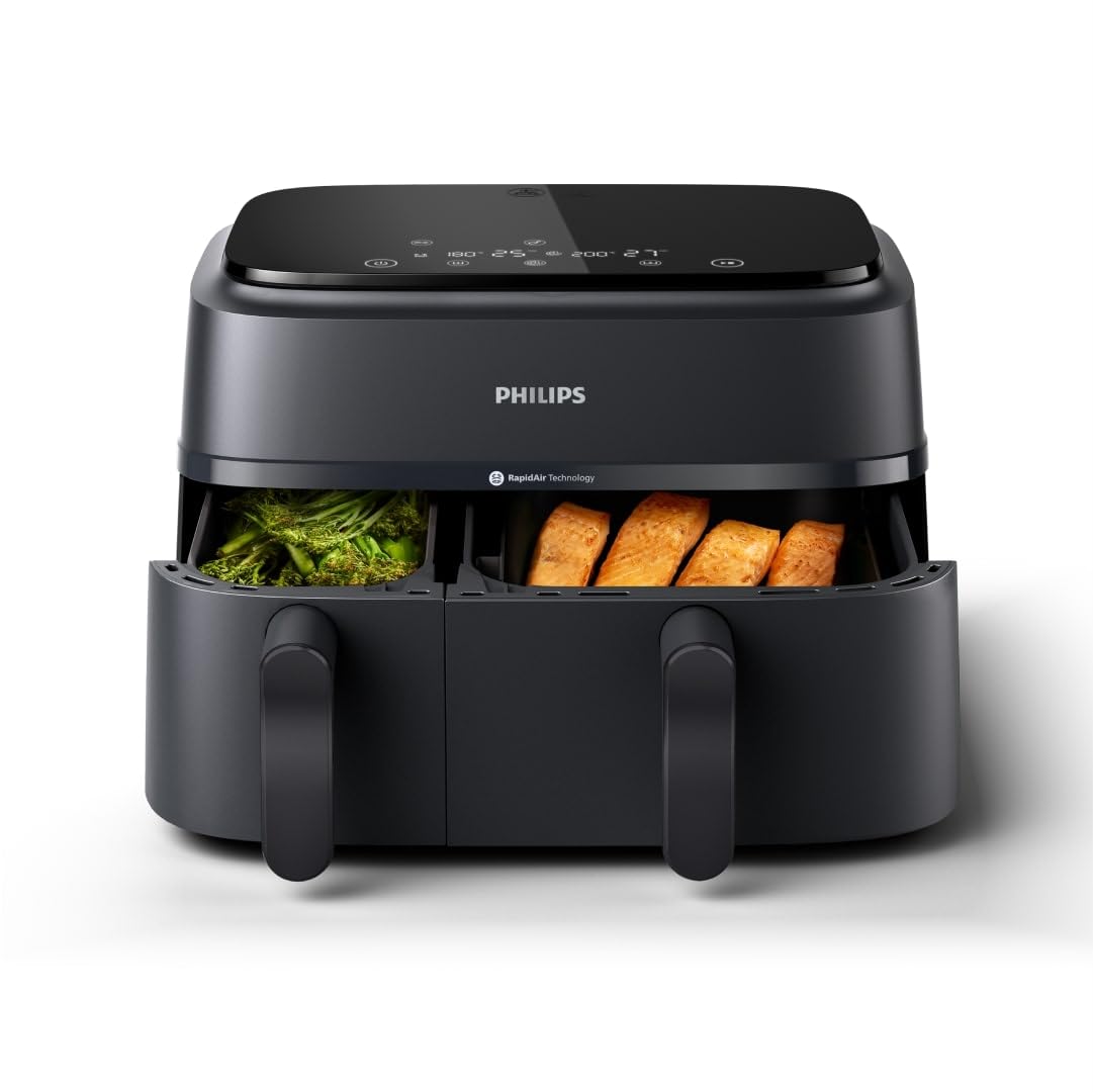 Philips Airfryer Dual Basket 3000 Series, 9L, 2 Körbe, 2 Gerichte gleichzeitig fertig, RapidAir Plus Heißlufttechnologie, 90% weniger Fett, Energieeffizient, HomeID Rezepte-App
