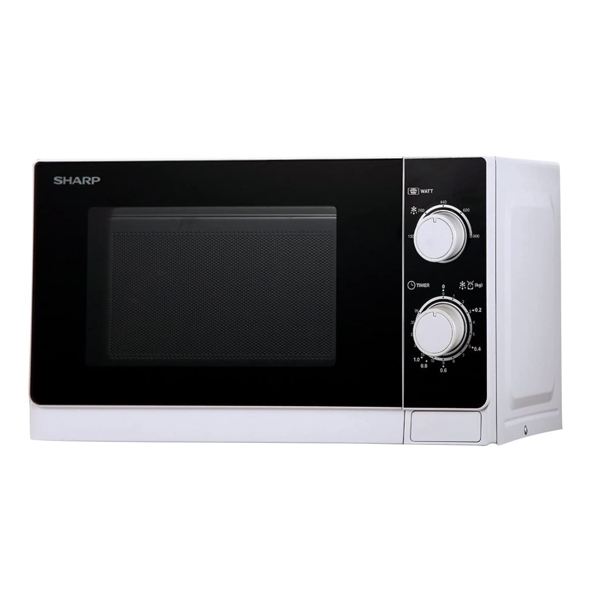 Sharp R200INW Solo-Mikrowelle / 20 L / 800 W / 5 Leistungsstufen / Timer von 35 Minuten bis 00 Sekunden / gewichtgesteuertes Auftauen / Energiesparmodus / Glasdrehteller (25,5 cm) / silber