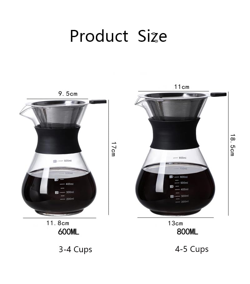 YunNasi Pour Over Kaffeebereiter Hand Kaffee Edelstahl Handfilter aus Glas mit Permanentfilter Schwarz